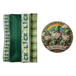 Saint Patrick’s Day Gnome Sign and Ribbon Bundle Set, DIY Wreath Making Kit